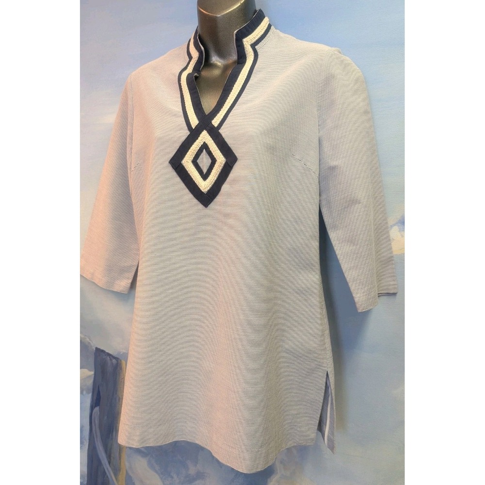NEW Elisabeth McKay 8 Blue/White Striped Tunic Embroidered Placket $140